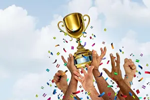 The Best Prints: Winning team and winner symbol as a Gold cup winner or trophy for teamwork success concept as a victory for first