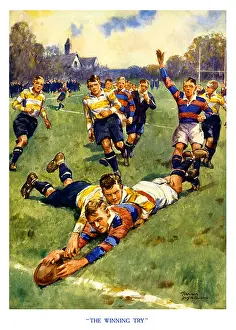 1935 Prints: The Winning Try 1930s boys magazine illustration of the final score in a school rugby game