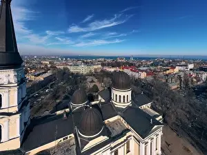 Winter air panorama the city center with Orthodox Cathedral in Odessa, Ukraine. Drone footage, sun day