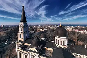 Winter air urbane panorama with Orthodox Cathedral in Odessa, Ukraine. Drone footage, sunny day