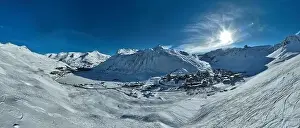 Pistes Prints: Winter drone shot of ski pistes and slopes covered with fresh powder snow in Tignes in Valdisere France