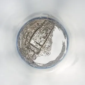 Catastrophe Prints: Winter embankment of the city Nizhny Tagil and metallurgical plant from above