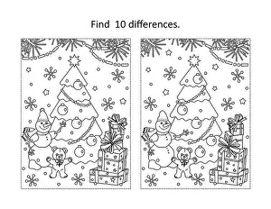 Winter holidays, New Year or Christmas find the ten differences picture puzzle and coloring page with christmas tree, tedyy bear, snowman, gift boxes