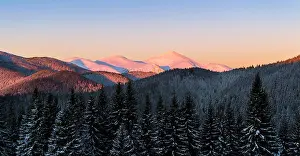 Carpathians Prints: Winter scene of three snowy mountain peaks