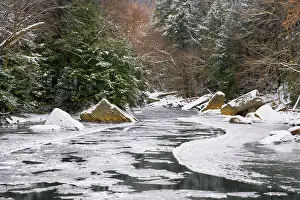 Curves Prints: Winter scene of snowy trees and a curved meandering river filled with floating ice in Pennsylvania