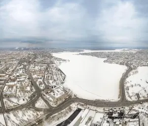 Catastrophe Prints: Winter view of the embankment of the city Nizhny Tagil and metallurgical plant from above