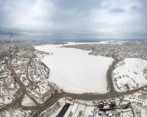 Catastrophe Prints: Winter view of the embankment of the city Nizhny Tagil and metallurgical plant from above