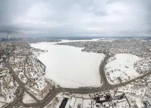 Catastrophe Prints: Winter view of the embankment of the city Nizhny Tagil and metallurgical plant from above