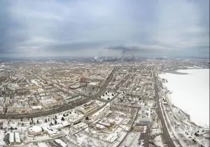 Catastrophe Prints: Winter view of the embankment of the city Nizhny Tagil and metallurgical plant from above