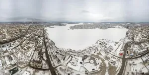 Catastrophe Prints: Winter view of the embankment of the city Nizhny Tagil and metallurgical plant from above