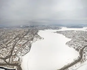 Catastrophe Prints: Winter view of the embankment of the city Nizhny Tagil and metallurgical plant from above