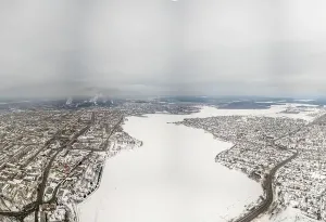 Catastrophe Prints: Winter view of the embankment of the city Nizhny Tagil and metallurgical plant from above