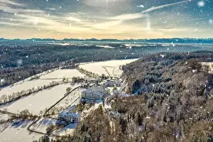 Winter view at a traditinal monastery as a tourism hotspot in bavaria at snowy conditions captured by a drone with