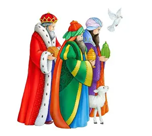 Presents Prints: Three Wise Men & dove at Christmas on white background