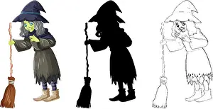 Wizard Prints: Witch with broomstick in color and outline and silhouette cartoon character isolated on white background