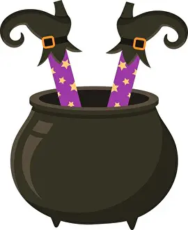 Stockings Prints: Witch legs adorned with purple stockings and sparkling gold stars are playfully upside down inside a black cauldron