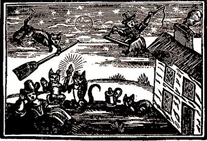 Telling Prints: WITCHCRAFT - An 18th century woodcut engraving - A witch riding her broomstick whilst another below is surrounded by