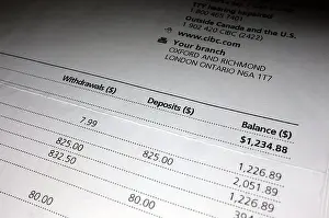 Finances Prints: Withdrawals, deposits and balance financial columns on a Canadian bank statement