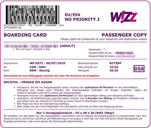 Airlines Prints: A Wizz Air boarding pass for flight W6 372 from Cologne to Gdansk