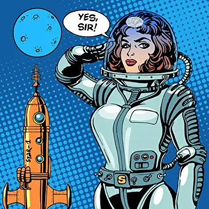 Pop Art Prints: Woman astronaut captain of a spaceship science fiction