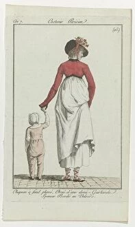 Eras of Dressing Collection: Woman with child in hand. Hat, behind pleated, decorated with flowers, 'demi-garland