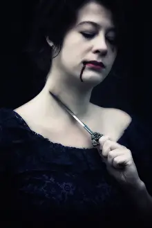 Wound Prints: a woman in a dark dress is holding a dagger at her throat