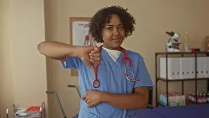 Checkup Prints: Woman doctor in blue scrubs wearing red stethoscope shows thumbs down gesture inside clinic building; rejection