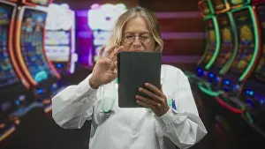 Pens Prints: Woman doctor tapping tablet with right hand