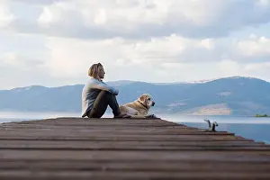 Labrador Prints: A woman and her dog enjoying an evening on the docks on Hebgen Lake