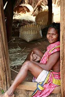 Orissa Prints: Woman in a doorway at a village near Kotgarh, Orissa, India