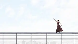 Trouble Prints: Woman in evening dress and blindfold walking on parapet