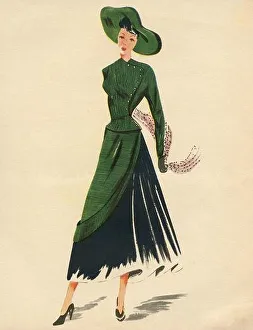 Woman fashion illustration drawing: Sketch of clothes and accessories, Italy 1940s