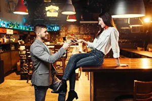 Flirt Prints: Woman flirting with man, love couple at bar counter