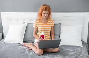 Home Office Prints: woman freelancer smile with coffee at home chat on laptop