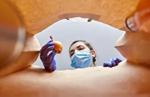 Stay Prints: woman in gloves and mask with food in paper bag