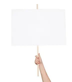 Opinion Prints: Woman holding blank protest sign on white background, closeup