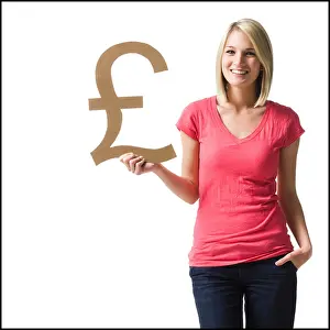 Three Quarter Prints: woman holding up british pound symbol