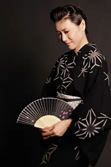Hair Bun Prints: Woman in Japanese costume, holding fan