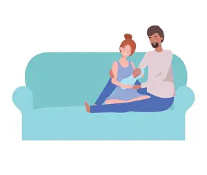 Diaper Prints: woman and man with newborn baby sitting on sofa
