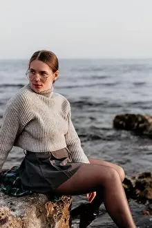Pensive Prints: Woman Ocean Sweater: Coastal Fall Fashion Shoot, Relaxed Pose, Stylish Outfit