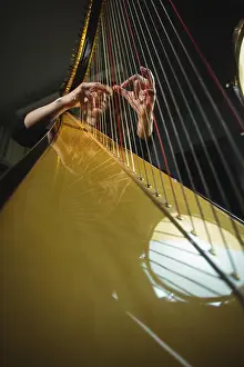 Tune Prints: Woman playing a harp in music school