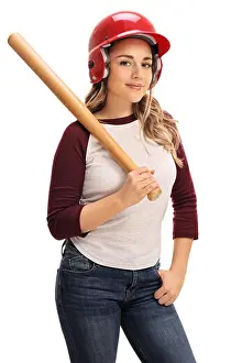 Baseball Bat Prints: Woman posing with a baseball bat and a helmet isolated on white background