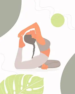 Flexibility Prints: Woman practicing yoga pose in peaceful setting with monstera leaves. Vector illustration