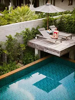Tropical Climate Prints: Woman in Private Pool Villa at a resort, Phuket, Thailand