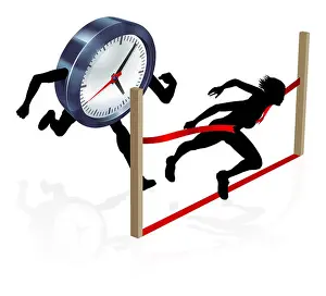 Workload Prints: A woman racing against a clock character beating it to the finish line