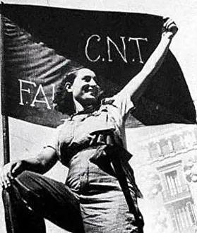 Activism Prints: A woman with raised fist in front of a CNT-FAI flag