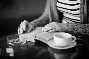 Coffee Cup Prints: Woman reading a book and smoking