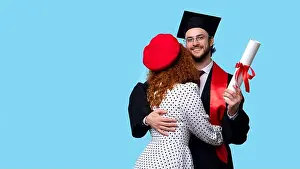 Robe Prints: Woman in Red Beret and White Polka-dot Dress Congratulates her Boyfriend Master Degree Graduation on Blue Background