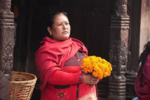 Shawl Prints: Woman selling marigolds at Lakshmi Narayan Sattal in Durbar Square - Kathmandu