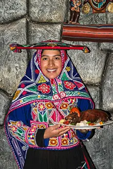 30 Years Prints: Woman serving roasted guinea pig Cuy chactado, Custo, Peru